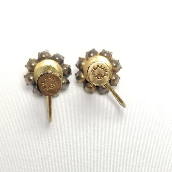 Vintage Sterling Silver Blue Rhinestone Cluster Clip On Earrings, Gold Wash - Picture 4 of 8